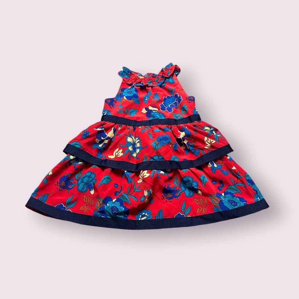 Baby Janie And Jack Red Navy Blue Floral Print Tier Tank Dress Size 12-18 Months